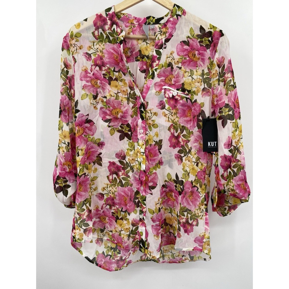 KUT From The Kloth Chiffon Button-Up Shirt Floral Dusty Pink Small NWT